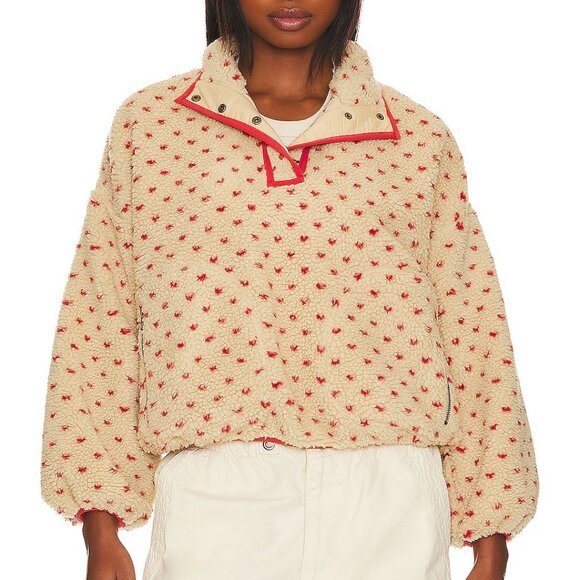 THE GREAT.NWT Womens The Countryside Fleece Pullover Oat & Red Size XS